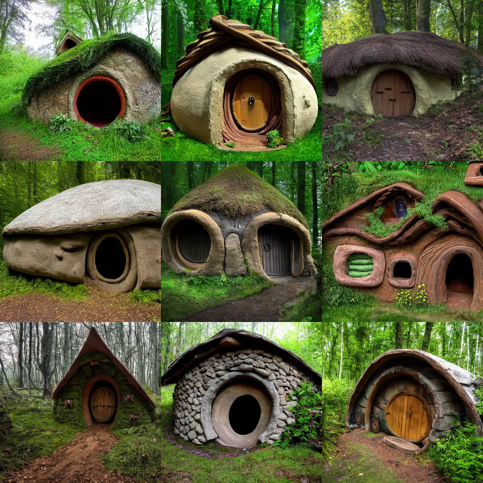 Prompt: natural large sustainable cob house clay multiple stories hobbit inspired fantasy in the woods digital photo 8 k