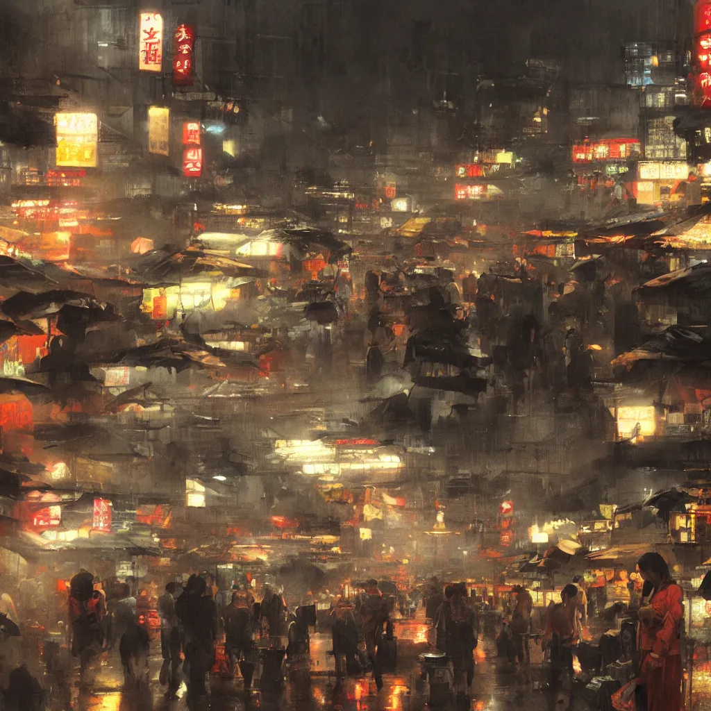 Image similar to an asian wet market at night, by greg rutkowski