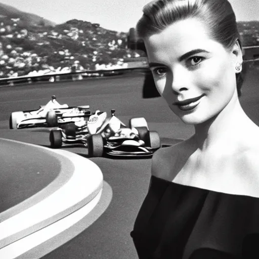 Image similar to selfie smartphone photo of a young Grace Kelly at the Monaco Gran Prix, F1 cars blurred in background, iphone photo, smartphone resolution, trending on instagram, influencer photography