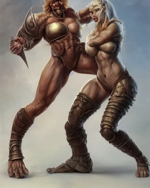 Image similar to female athletic body type and male warrior strong body type holding each other close by Boris Vallejo, moody, character design concept art, diablo, warcraft, hard surface, Character design, dramatic, highly detailed, photorealistic, digital painting, painterly, artstation, concept art, smooth, sharp focus, art by John Collier and Krenz Cushart and Artem Demura and Albert Aublet