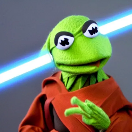 Image similar to kermit the frog as a sith lord wielding a red lightsaber, realistic