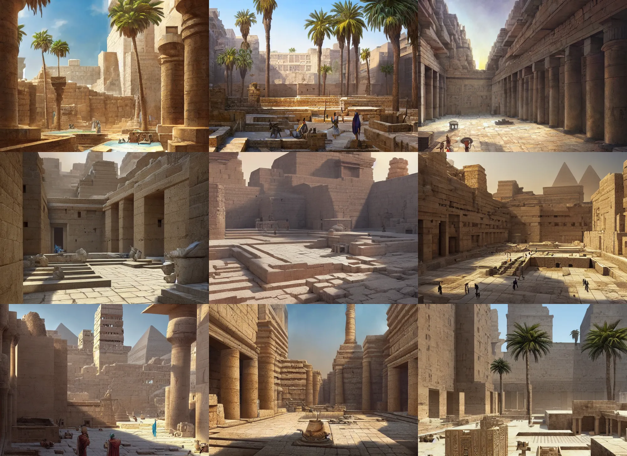 Prompt: A wide open courtyard made of limestone in an epic, colorful city in ancient Egypt, anime, pyramids, palm trees, fountain, a fantasy digital painting by Greg Rutkowski and James Gurney, trending on Artstation, highly detailed