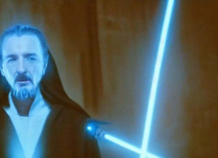 Prompt: screenshot of the force ghost glowing blue spirit of qui gon jinn speaking to Luke skywalker, in a hazy lit ancient Jedi cathedral, screenshot from the 1970s star wars thriller directed by stanley kubrick, Photographed with Leica Summilux-M 24 mm lens, ISO 100, f/8, Portra 400, kodak film, anamorphic lenses