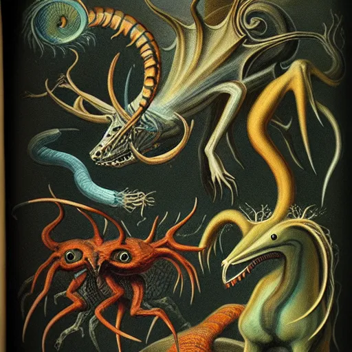 Image similar to bestiary of creatures from the depths of the unconscious psyche