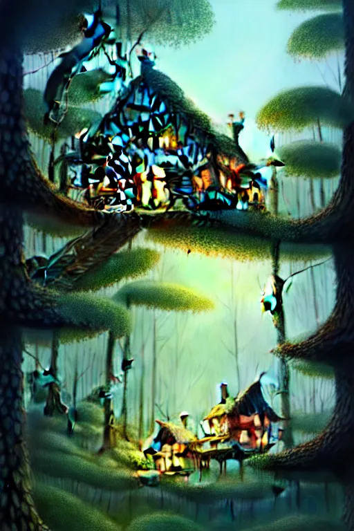 Image similar to a storybook illustration of a ramshackle multistory fairytale hut in the forest, intricate, elegant, fantasy, highly detailed, digital painting, concept art, sharp focus, artstation