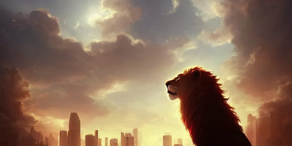 Image similar to Singapore city with a lion-shaped!!!!! cloud in the sky, by greg rutkowski, red and white lighting, digital art, ultra realistic, ultra detailed, photorealistic, 4k, character concept