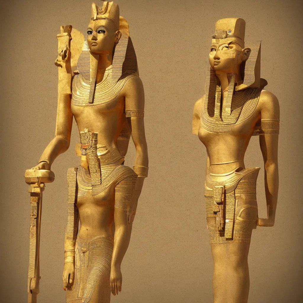 Prompt: ancient egyptian statue, gold orange blue, haute couture, steampunk, hd, trending on artstation