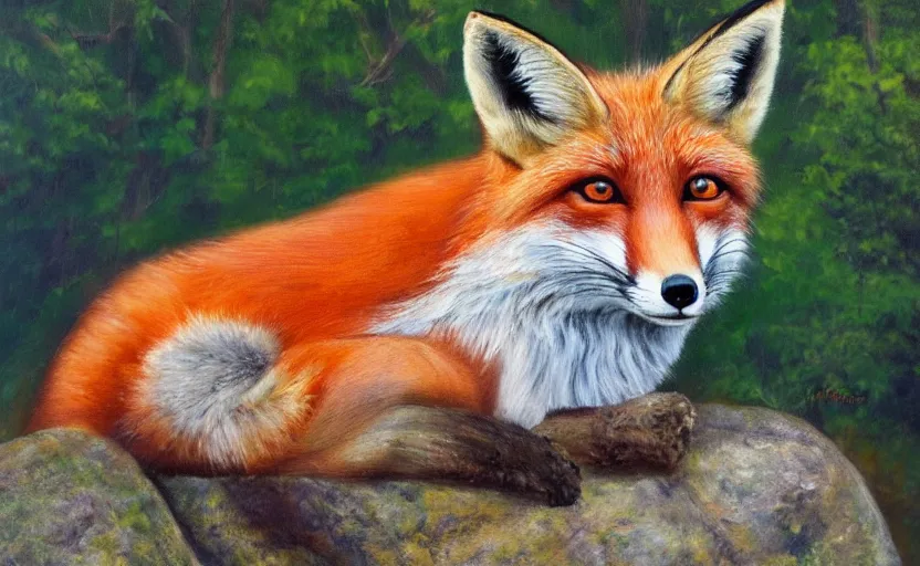 Image similar to a highly detailed fox sitting on a rock in the woods looking at the camera while the sun is shining, oil painting