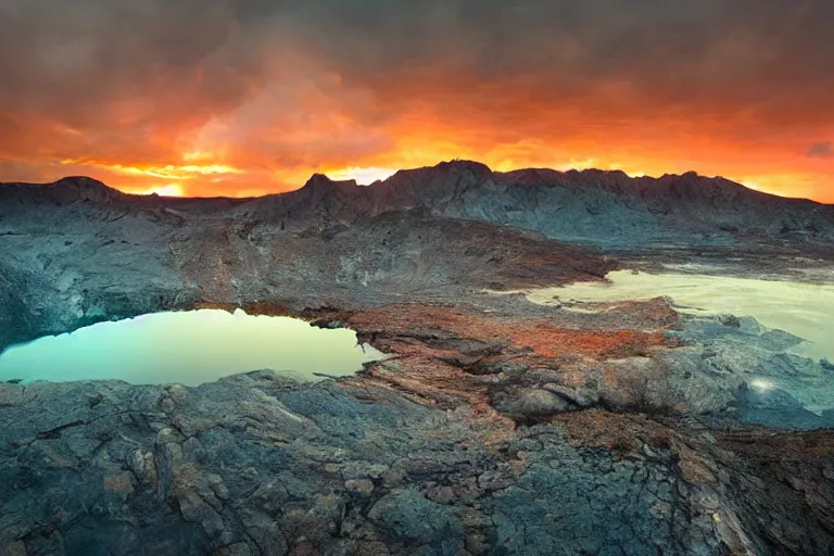 Prompt: amazing landscape photo of mountains with lava lake in sunset by marc adamus beautiful dramatic lighting, Gediminas Pranckevicius