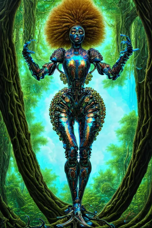 Image similar to hyperrealistic post - rococo super gorgeous! black woman with exoskeleton armor, merging with tree in a forest, highly detailed digital art masterpiece smooth cam de leon hannah yata dramatic pearlescent blue teal light ground angle hd 8 k sharp focus