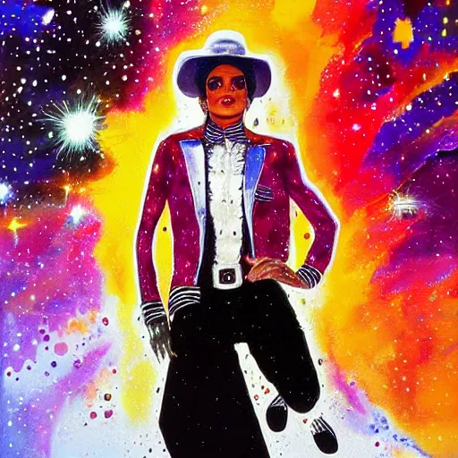 Prompt: digital painting of Michael Jackson in a cosmic scenery my Ralph Steadman, hyper detailed, white suit and hat