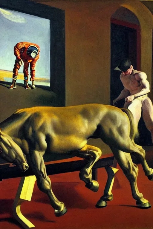 Image similar to , astronaut bodybuilder doing bench press with a horse instead of a dumbbell astronaut bodybuilder doing bench press with horse instead of dumbbell, hauntingly surreal, highly detailed painting by francis bacon, edward hopper, adrian ghenie, gerhard richter, and james jean soft light 4 k,