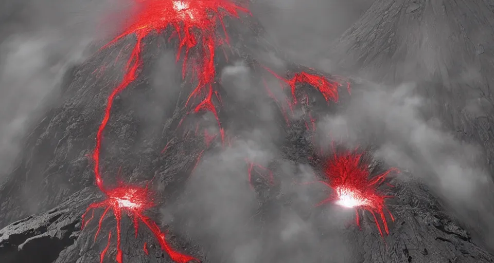 Image similar to a volcano made of ivory vines and crimson rocks enters in eruption, it spits a smoke in the shape of demonic eye, from Starcraft