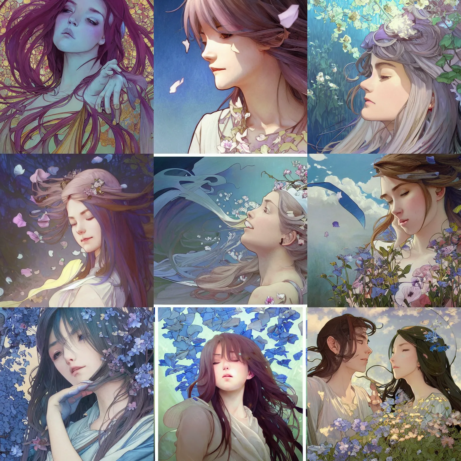 Prompt: looking up as flower petals flow gently as a breeze blows them from left to right on a cloudy day with blue skies, art by artgerm and greg rutkowski and magali villeneuve and alphonse mucha and rossdraws and makoto shinkai, d & d, fantasy, highly detailed, digital painting, trending on artstation, concept art, sharp focus, illustration