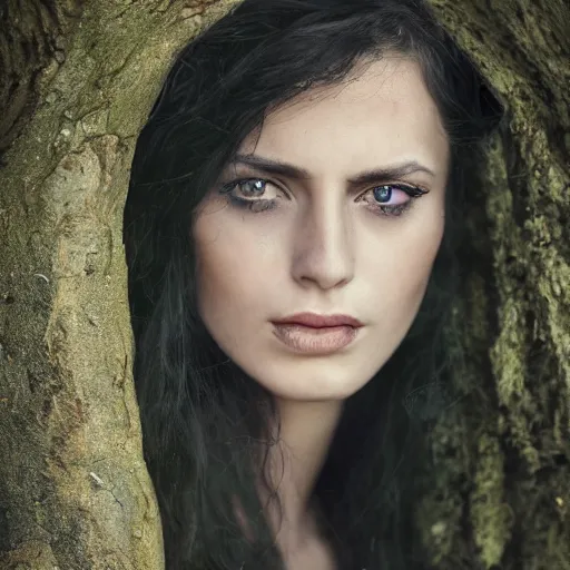 Image similar to a portrait of a beautiful witch maiden, dark eyes, dark hair, olive skin, depth of field, zeiss lens, detailed, centered, artstation, fashion photoshoot, by Annie Leibovitz and Steve McCurry, David Lazar, Jimmy Nelsson, Breathtaking, 8k resolution, extremely detailed, beautiful, establishing shot, artistic, hyperrealistic, beautiful face, octane render