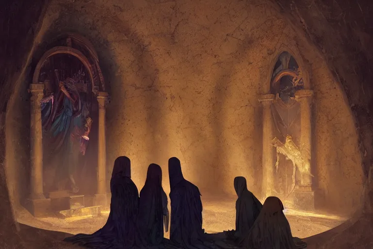 Image similar to inside a tomb, dark scene, light coming in from the left, dark scene, 3 mourning women in colored robes, 2 angels with feathered wings | medium close | fibonacci composition, by greg rutkowski, craig mullins, alphonse mucha