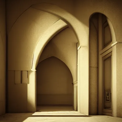 Prompt: small dark corridor that leads to a majestic beautiful palace, natural light with shadows, octane rendered,