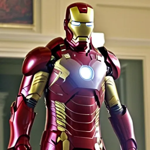 Prompt: promotional image of Joe Biden as Iron Man in Iron Man（2008）, he wears Iron Man armor without his face, movie still frame, promotional image, imax 70 mm footage