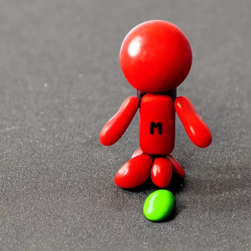 Image similar to a single red m & m candy with arms and legs, a red sphere