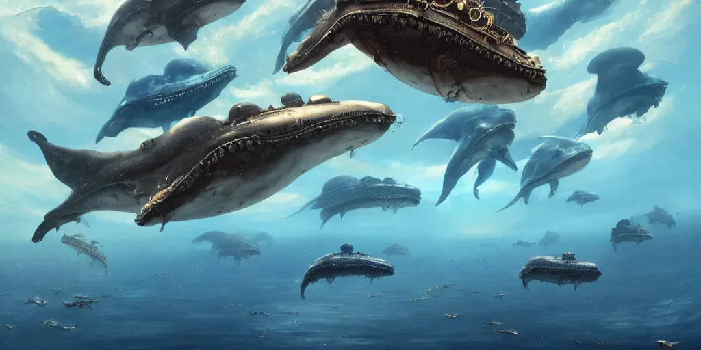 Prompt: Floating steampunk alien whales over a blue ocean, Darek Zabrocki, Karlkka, Jayison Devadas, Phuoc Quan, trending on Artstation, 8K, ultra wide angle, pincushion lens effect.