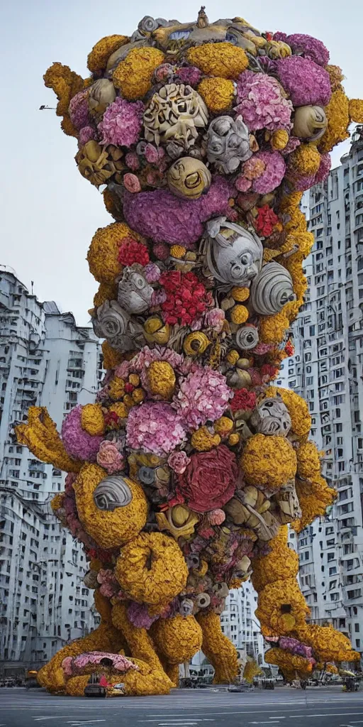 Image similar to colossal grotesque flower made from best unfulfilled mankind projects in the middle of abandoned post soviet constructivist cityscape, Stalinist architecture, ultradetailed, Intricate by Hayao Miyazaki and Josan Gonzalez and Makoto Shinkai and Giuseppe Arcimboldo and Wes Anderson