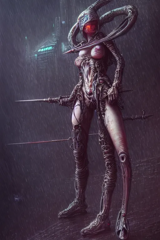 Image similar to a highly detailed long shot photo of cyberpunk female character by ayami kojima, elf, beksinski, giger, elf, wielding scythe, intricate, digital painting, artstation, concept art, smooth, sharp focus, full body