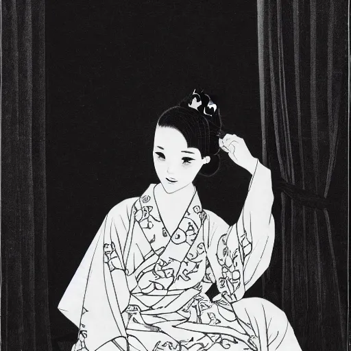 Image similar to A young lady in a kimono with almond-shaped eyes, sitting on a chair in a huge empty room, a black cat sitting on the window, a girl smiling, black and white, pencil, style