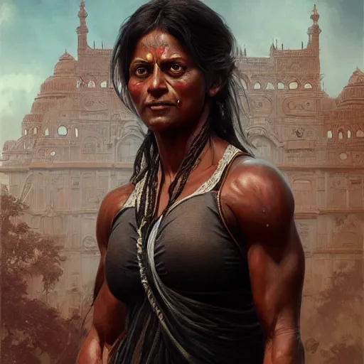 Prompt: painting of a black muscular bloodied indian middle aged woman doing push ups, ultra realistic, concept art, intricate details, highly detailed, photorealistic, octane render, 8 k, unreal engine. art by artgerm and greg rutkowski and alphonse mucha