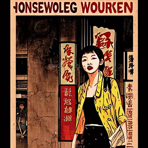 Prompt: glossy old advertising poster, young woman walking through crowded hong kong street, vendors, zombies, horror, drawn comic by junji ito, pastels, gradient