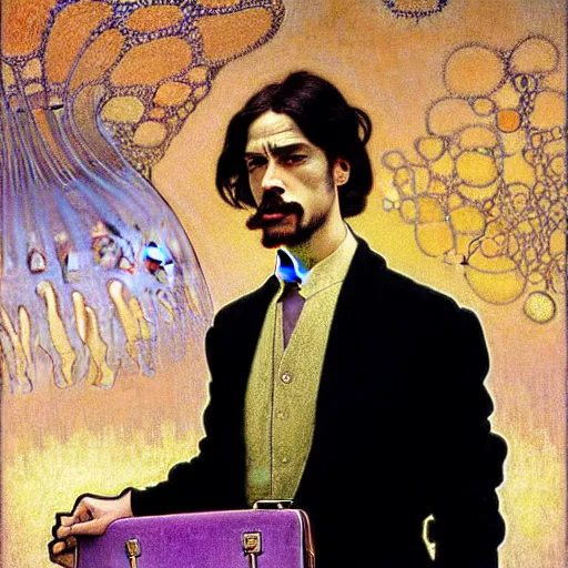 Image similar to realistic extremely detailed portrait painting of. an average. man with his. briefcase .in his. left hand . by Jean Delville, Amano, Yves Tanguy, Alphonse Mucha, Ernst Haeckel, Edward Robert Hughes, Roger Dean, pale muted pastel moody colors, gold eyes