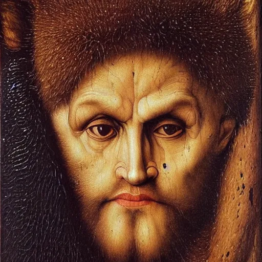 Image similar to portrait of wolf wolfman, oil painting by jan van eyck, northern renaissance art, oil on canvas, wet - on - wet technique, realistic, expressive emotions, intricate textures, illusionistic detail