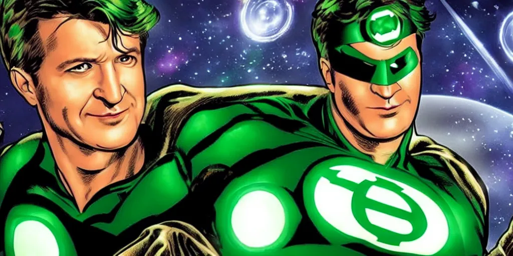 Prompt: Nathan Fillion as Green Lantern Hal Jordan flying through outer space, detailed