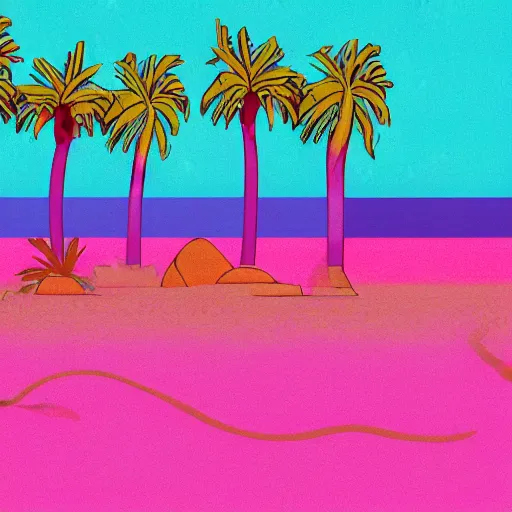 Image similar to illustration of an oasis in a desert, stylized. Hot yellow sand with cyan water with white lines of refraction. Palm trees surround the oasis. Pink blocks are rising out of the water in a row leading from near to far, with vines hanging off them
