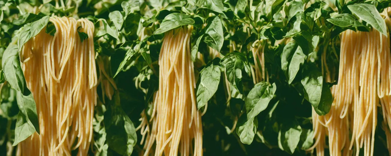 Prompt: zoomed in shot of spaghetti growing off a plant, on a bountiful farm, canon 5 0 mm, cinematic lighting, photography, retro, film, kodachrome