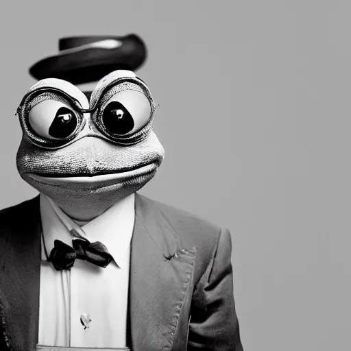 Image similar to portrait of Pepe the frog with salvadore dali mustache, photography by Cecil Beaton, Hollywood style lighting, black and white, photorealistic