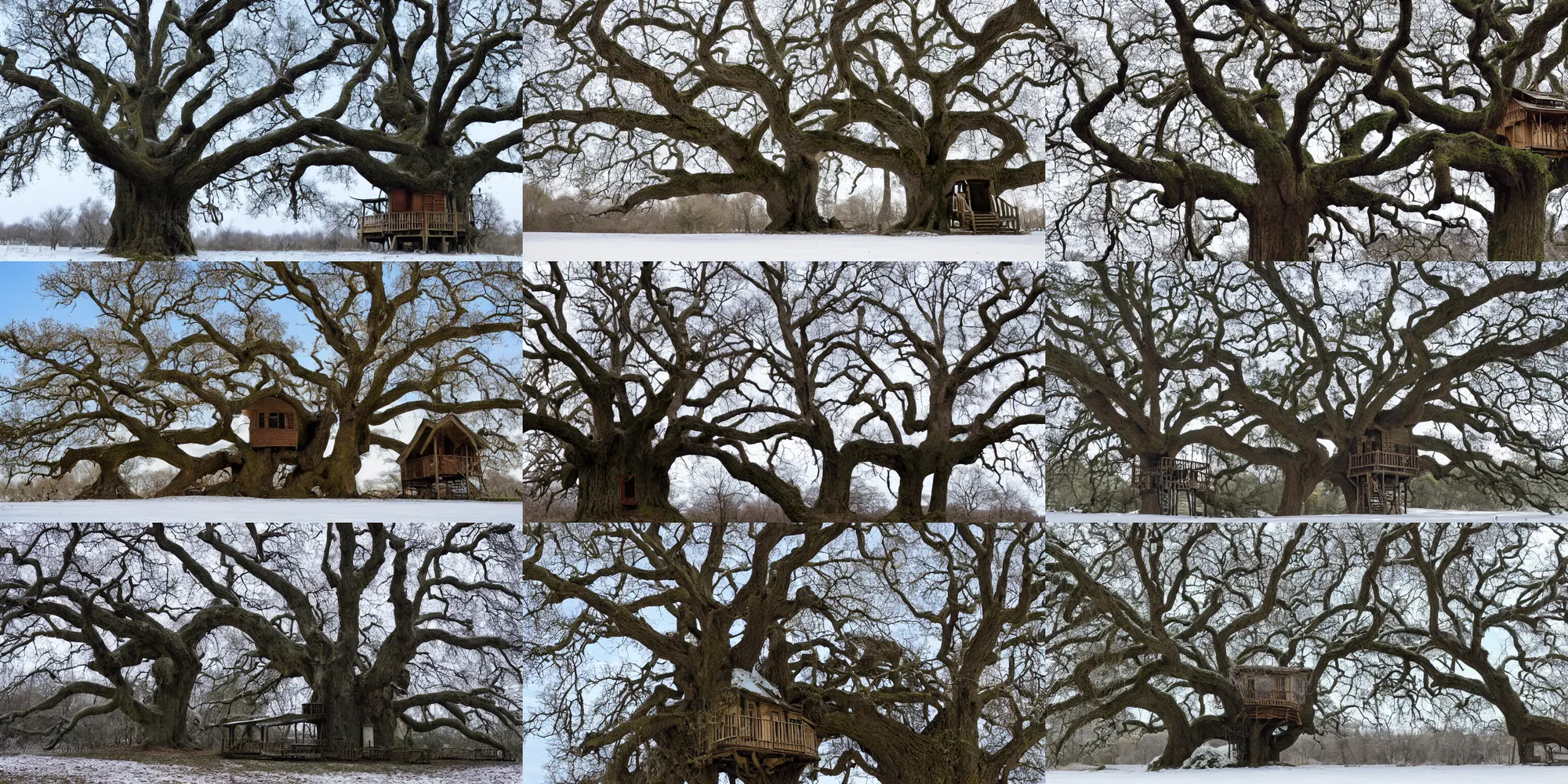 Prompt: a small old treehouse on a big lush oak tree in winter