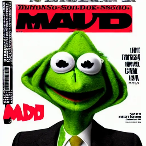 Prompt: mad magazine cover photo portrait caricature insane kermit