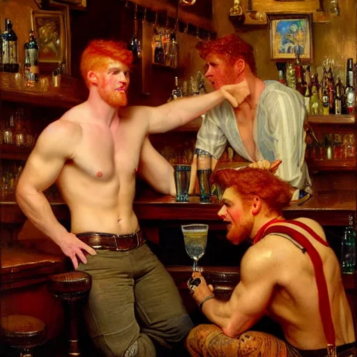 Image similar to attractive mike, wearing pants, with ginger hair with attractive tyler with brunet hair, drinking their hearts out, in a pub, no shirt. very defined and highly detailed painting by gaston bussiere, j. c. leyendecker, craig mullins 8 k