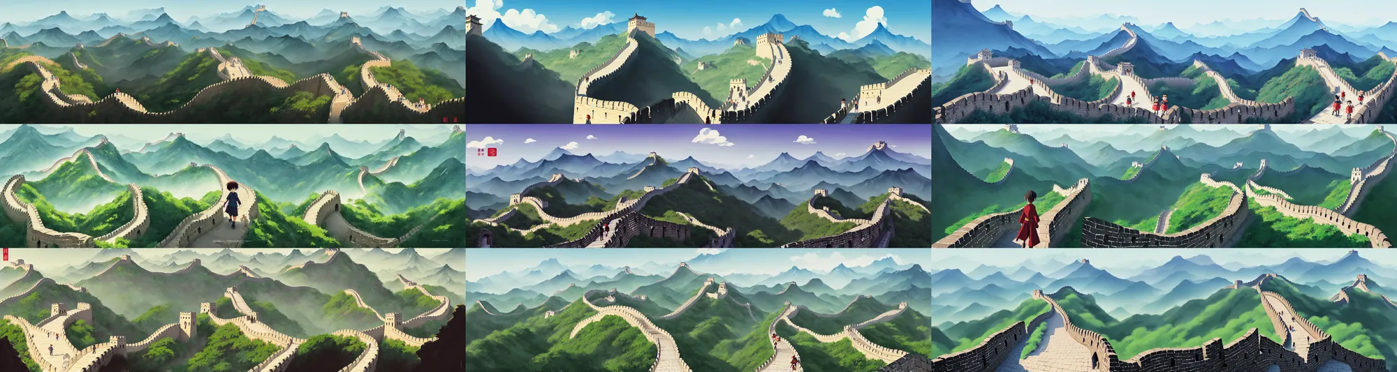 Prompt: a wholesome animation gouache key shot of a daytime cute empty great wall of china runway, studio ghibli, pixar and disney animation, sharp, rendered in gouache painting, anime gouache key art by greg rutkowski, bloom, dramatic, dynamic lighting