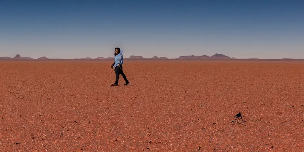Image similar to of a photography of a man on walking on a desert with giant ants, with blue light dark blue sky, long cloths red like silk, ants are big and they shine on the sunlight, there are sand mountains on the background, a very small oasis on the far distant background along with some watch towers, ants are perfect symmetric insects, man is with black skin, the man have a backpack, the man stands out on the image, the ants make a line on the dunes, the sun up on the sky is strong, the sky is blue and there are some clouds, its like a caravan of a man guiding many ants on the dunes of the desert, colors are strong but calm, volumetric, detailed objects, Arabica style, wide view, 14mm,