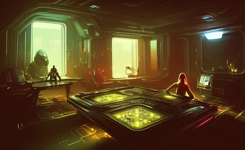 Prompt: two alien playing game at its spacious gaming room, hi - tech gaming setup, intricate, led lights, sci - fi, indoor, spacious, artstation, art by filip hodas and artgerm