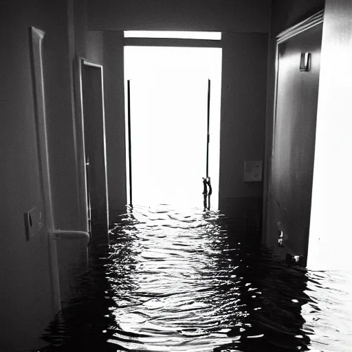 Prompt: flooded hallway,