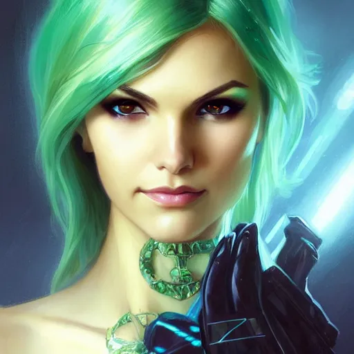 Image similar to Victoria Justice with teal hair and green eyes as Emma Frost, western, D&D, fantasy, intricate, elegant, highly detailed, digital painting, artstation, concept art, matte, sharp focus, illustration, art by Artgerm and Greg Rutkowski and Alphonse Mucha