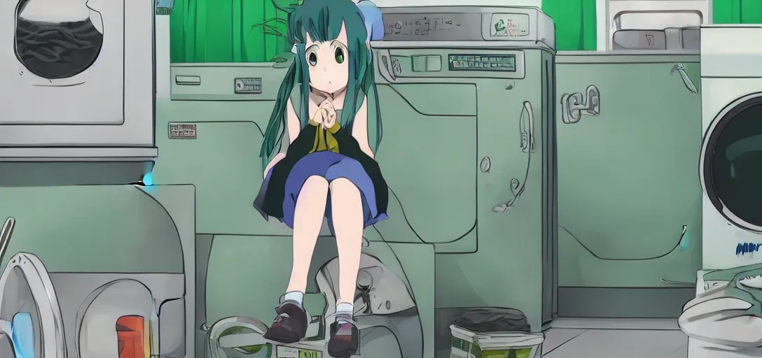 Image similar to a girl with green hair sitting on top of a washing machine inside of a laundromat by Hayao Miyazaki, anime style