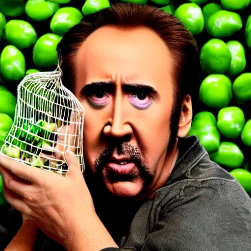 Image similar to nicolas cage trapped in a wicker cage with peas on his face, dying