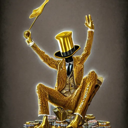 Prompt: anthropomorphized rich penguin capitalist sitting on pile of gold, wearing fancy top hat, concept art, insanely detailed and intricate, hypermaximalist, elegant, ornate, hyper realistic, super detailed, art deco, cinematic, trending on artstation, magic the gathering artwork