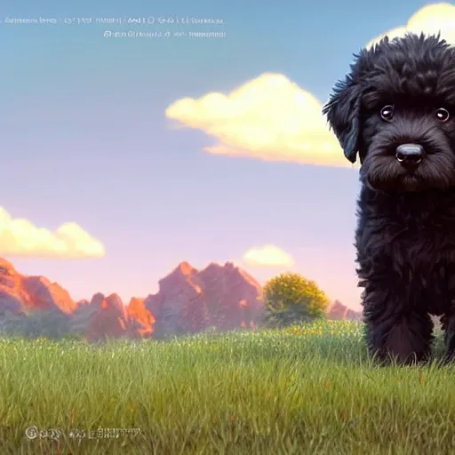 Prompt: a wholesome animation key shot of a black bernedoodle puppy, studio ghibli, pixar and disney illustration, sharp, rendered in unreal engine 5, anime key art by greg rutkowski, bloom, dramatic lighting