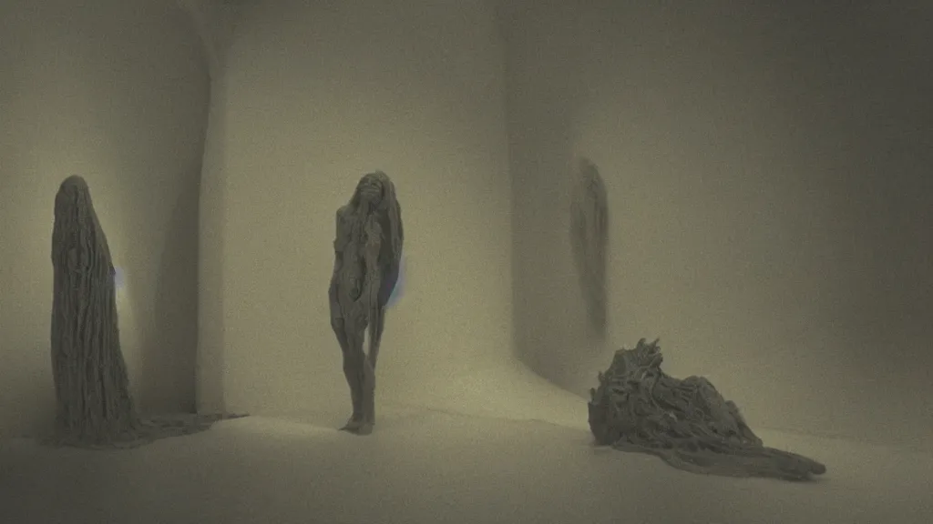 Prompt: the creature talks to me in my sleep by Zdzisław Beksiński, film still, cinematic