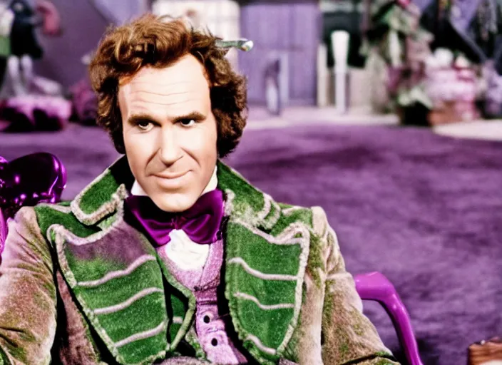 Image similar to film still of Will Farrel as Willy Wonka in Willy Wonka and the Chocolate Factory 1971