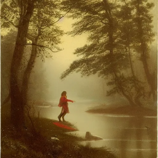 Image similar to girl dancing in front of a river, alone in the wilderness, foggy, misty morning, early spring, boreal forest, 19th century,